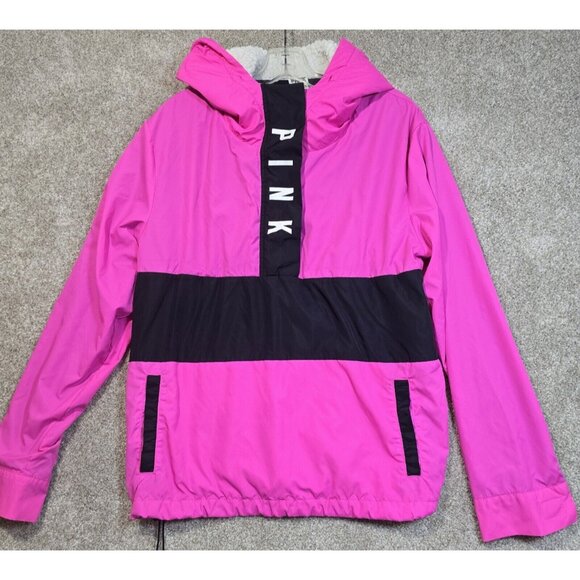 Victoria's Secret Pink Sherpa Hood Lined Anorak 1/2 Zip Logo Windbreaker Sz XS-S - Picture 1 of 12